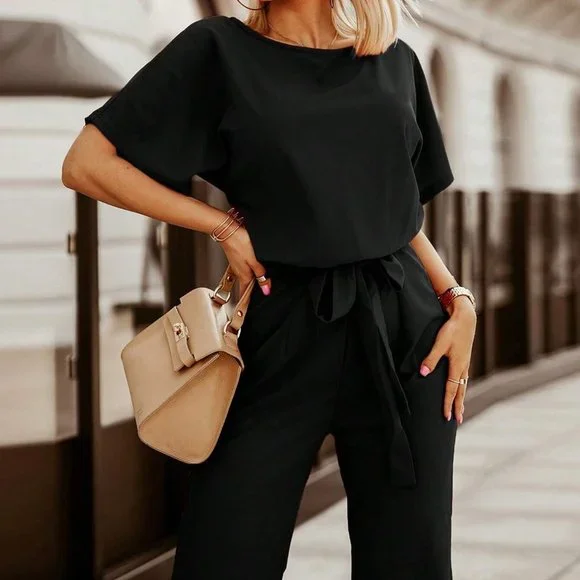 Black Preppy Womens Solid Batwing Sleeve Belted Jumpsuit - Picture 5 of 5